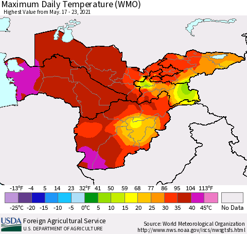 Central Asia Maximum Daily Temperature (WMO) Thematic Map For 5/17/2021 - 5/23/2021