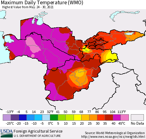 Central Asia Maximum Daily Temperature (WMO) Thematic Map For 5/24/2021 - 5/30/2021