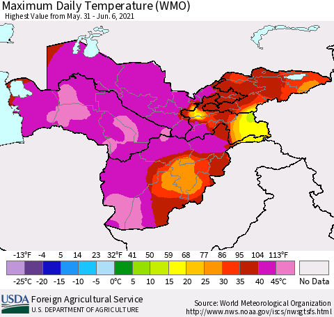 Central Asia Maximum Daily Temperature (WMO) Thematic Map For 5/31/2021 - 6/6/2021