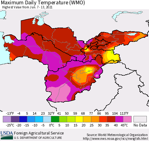Central Asia Maximum Daily Temperature (WMO) Thematic Map For 6/7/2021 - 6/13/2021