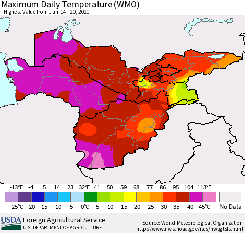 Central Asia Maximum Daily Temperature (WMO) Thematic Map For 6/14/2021 - 6/20/2021
