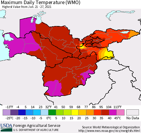 Central Asia Maximum Daily Temperature (WMO) Thematic Map For 6/21/2021 - 6/27/2021