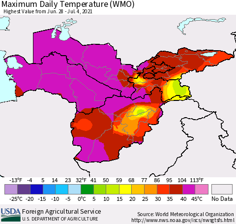 Central Asia Maximum Daily Temperature (WMO) Thematic Map For 6/28/2021 - 7/4/2021