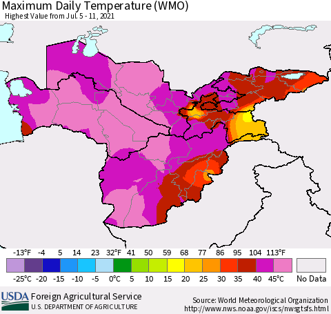 Central Asia Maximum Daily Temperature (WMO) Thematic Map For 7/5/2021 - 7/11/2021