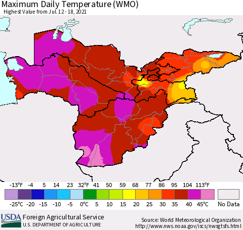 Central Asia Maximum Daily Temperature (WMO) Thematic Map For 7/12/2021 - 7/18/2021