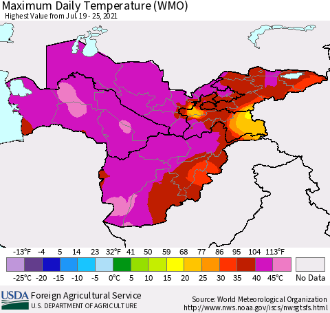 Central Asia Maximum Daily Temperature (WMO) Thematic Map For 7/19/2021 - 7/25/2021