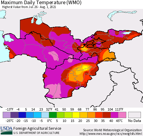 Central Asia Maximum Daily Temperature (WMO) Thematic Map For 7/26/2021 - 8/1/2021