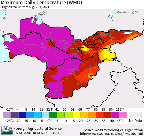 Central Asia Maximum Daily Temperature (WMO) Thematic Map For 8/2/2021 - 8/8/2021