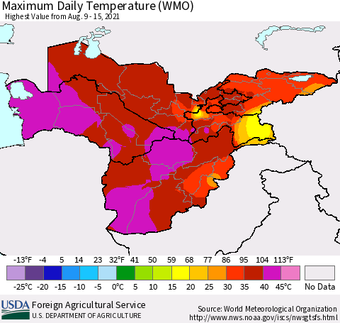 Central Asia Maximum Daily Temperature (WMO) Thematic Map For 8/9/2021 - 8/15/2021