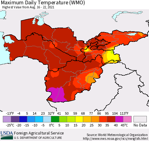 Central Asia Maximum Daily Temperature (WMO) Thematic Map For 8/16/2021 - 8/22/2021