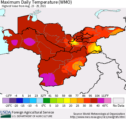 Central Asia Maximum Daily Temperature (WMO) Thematic Map For 8/23/2021 - 8/29/2021