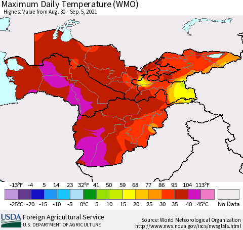 Central Asia Maximum Daily Temperature (WMO) Thematic Map For 8/30/2021 - 9/5/2021