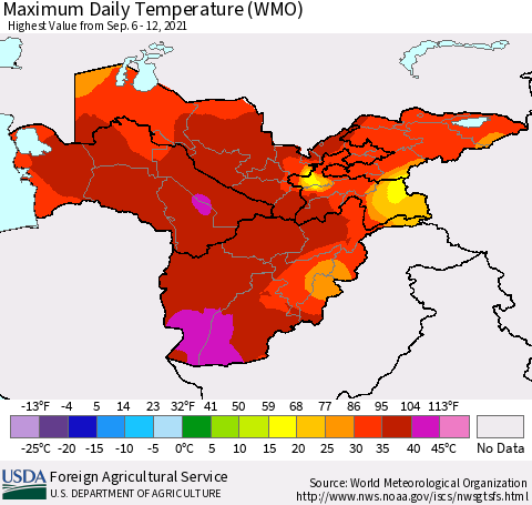 Central Asia Maximum Daily Temperature (WMO) Thematic Map For 9/6/2021 - 9/12/2021