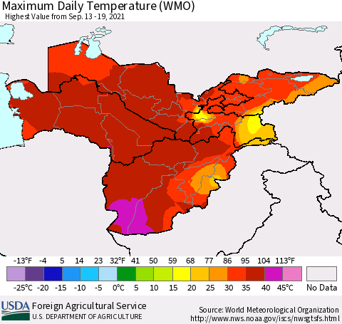 Central Asia Maximum Daily Temperature (WMO) Thematic Map For 9/13/2021 - 9/19/2021