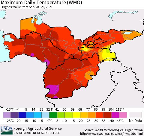 Central Asia Maximum Daily Temperature (WMO) Thematic Map For 9/20/2021 - 9/26/2021
