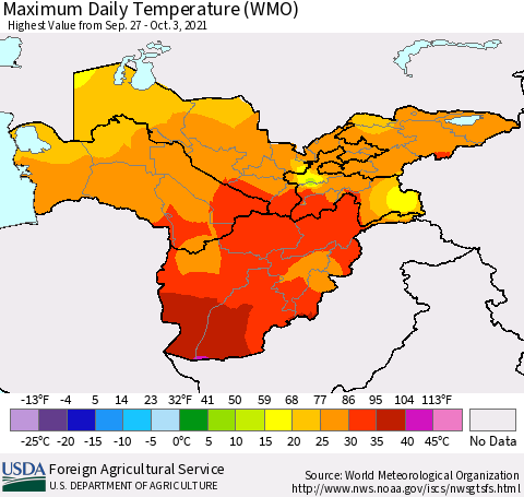 Central Asia Maximum Daily Temperature (WMO) Thematic Map For 9/27/2021 - 10/3/2021