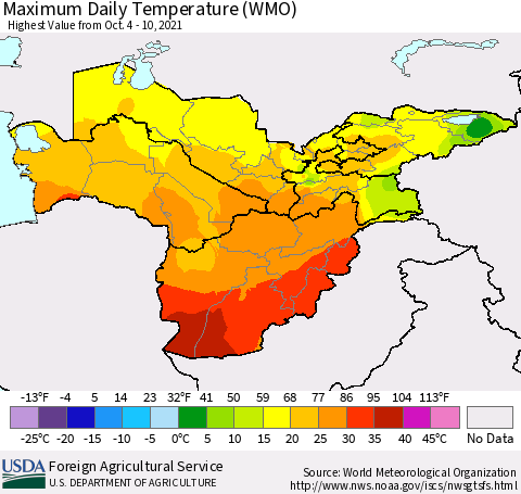 Central Asia Maximum Daily Temperature (WMO) Thematic Map For 10/4/2021 - 10/10/2021
