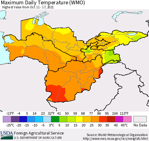 Central Asia Maximum Daily Temperature (WMO) Thematic Map For 10/11/2021 - 10/17/2021
