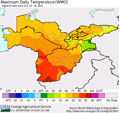 Central Asia Maximum Daily Temperature (WMO) Thematic Map For 10/18/2021 - 10/24/2021