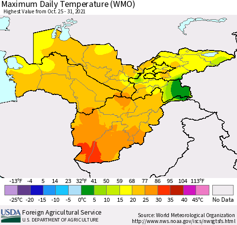 Central Asia Maximum Daily Temperature (WMO) Thematic Map For 10/25/2021 - 10/31/2021