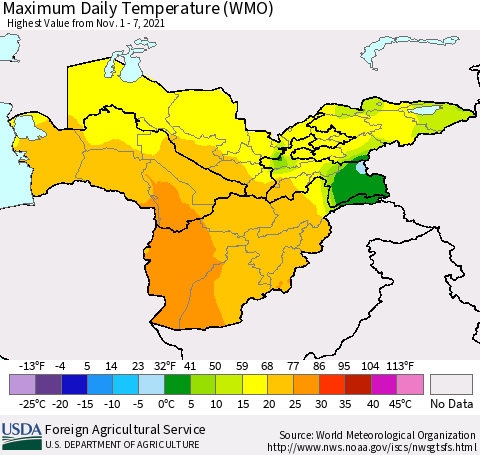 Central Asia Maximum Daily Temperature (WMO) Thematic Map For 11/1/2021 - 11/7/2021