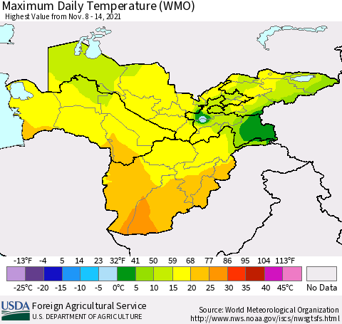 Central Asia Maximum Daily Temperature (WMO) Thematic Map For 11/8/2021 - 11/14/2021