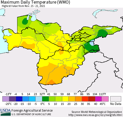 Central Asia Maximum Daily Temperature (WMO) Thematic Map For 11/15/2021 - 11/21/2021