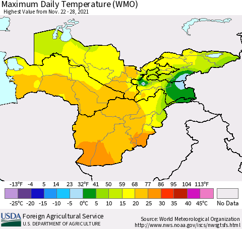 Central Asia Maximum Daily Temperature (WMO) Thematic Map For 11/22/2021 - 11/28/2021
