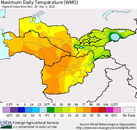Central Asia Maximum Daily Temperature (WMO) Thematic Map For 11/29/2021 - 12/5/2021