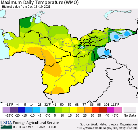 Central Asia Maximum Daily Temperature (WMO) Thematic Map For 12/13/2021 - 12/19/2021