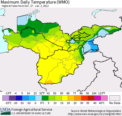 Central Asia Maximum Daily Temperature (WMO) Thematic Map For 12/27/2021 - 1/2/2022