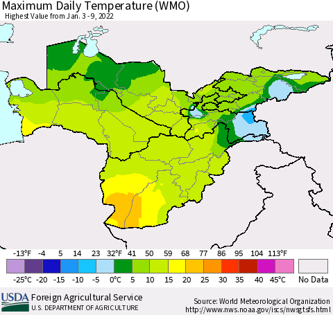 Central Asia Maximum Daily Temperature (WMO) Thematic Map For 1/3/2022 - 1/9/2022