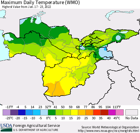 Central Asia Maximum Daily Temperature (WMO) Thematic Map For 1/17/2022 - 1/23/2022