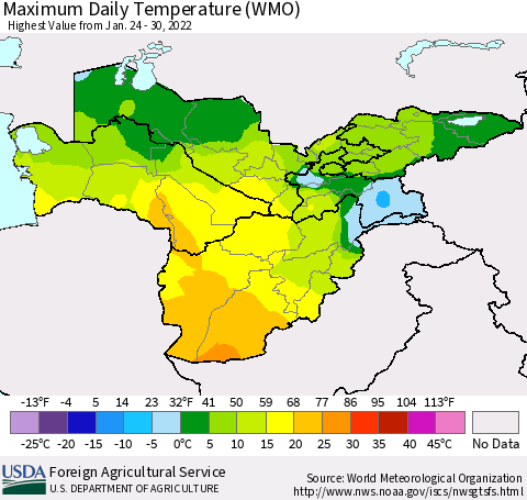 Central Asia Maximum Daily Temperature (WMO) Thematic Map For 1/24/2022 - 1/30/2022