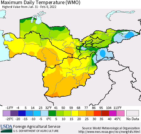 Central Asia Maximum Daily Temperature (WMO) Thematic Map For 1/31/2022 - 2/6/2022