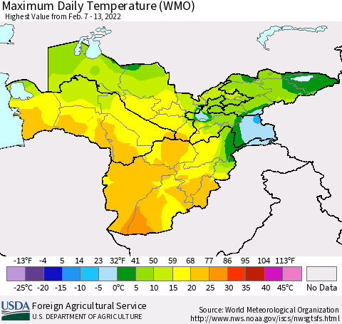 Central Asia Maximum Daily Temperature (WMO) Thematic Map For 2/7/2022 - 2/13/2022