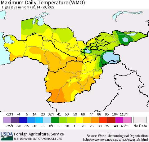Central Asia Maximum Daily Temperature (WMO) Thematic Map For 2/14/2022 - 2/20/2022
