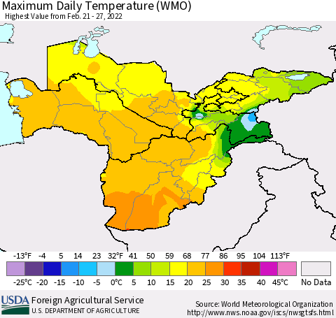 Central Asia Maximum Daily Temperature (WMO) Thematic Map For 2/21/2022 - 2/27/2022