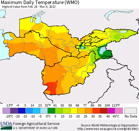 Central Asia Maximum Daily Temperature (WMO) Thematic Map For 2/28/2022 - 3/6/2022