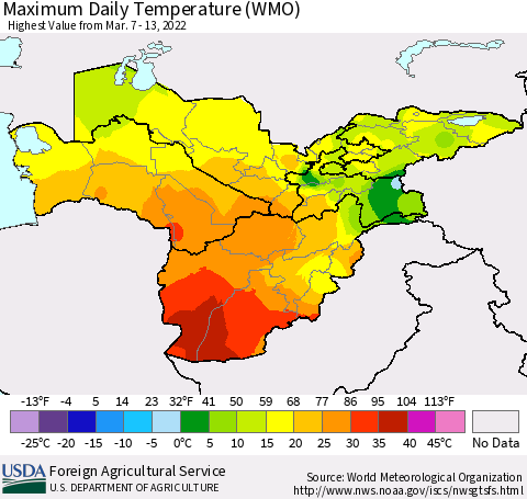 Central Asia Maximum Daily Temperature (WMO) Thematic Map For 3/7/2022 - 3/13/2022