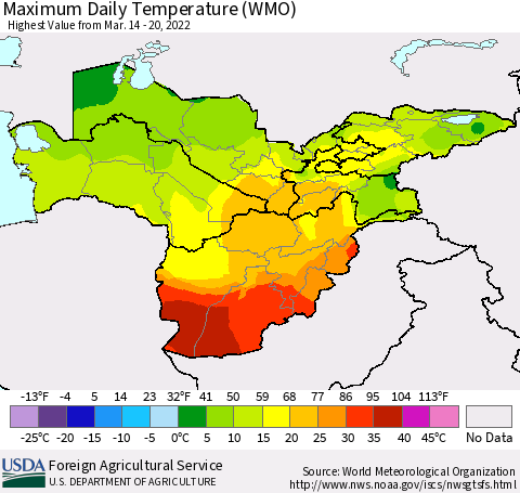 Central Asia Maximum Daily Temperature (WMO) Thematic Map For 3/14/2022 - 3/20/2022
