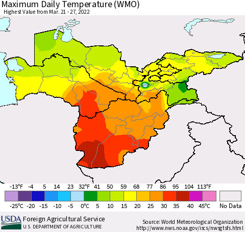 Central Asia Maximum Daily Temperature (WMO) Thematic Map For 3/21/2022 - 3/27/2022