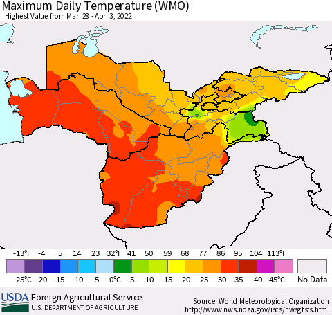 Central Asia Maximum Daily Temperature (WMO) Thematic Map For 3/28/2022 - 4/3/2022