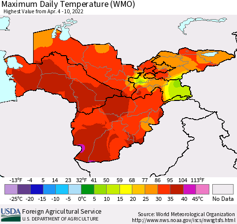 Central Asia Maximum Daily Temperature (WMO) Thematic Map For 4/4/2022 - 4/10/2022