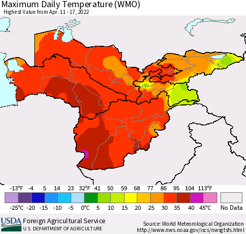 Central Asia Maximum Daily Temperature (WMO) Thematic Map For 4/11/2022 - 4/17/2022