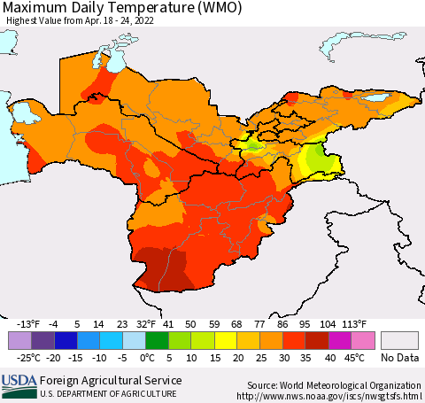Central Asia Maximum Daily Temperature (WMO) Thematic Map For 4/18/2022 - 4/24/2022