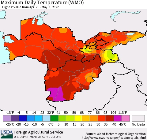 Central Asia Maximum Daily Temperature (WMO) Thematic Map For 4/25/2022 - 5/1/2022