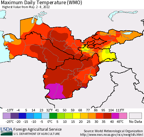 Central Asia Maximum Daily Temperature (WMO) Thematic Map For 5/2/2022 - 5/8/2022