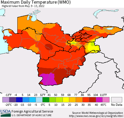 Central Asia Maximum Daily Temperature (WMO) Thematic Map For 5/9/2022 - 5/15/2022