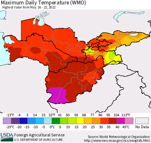 Central Asia Maximum Daily Temperature (WMO) Thematic Map For 5/16/2022 - 5/22/2022
